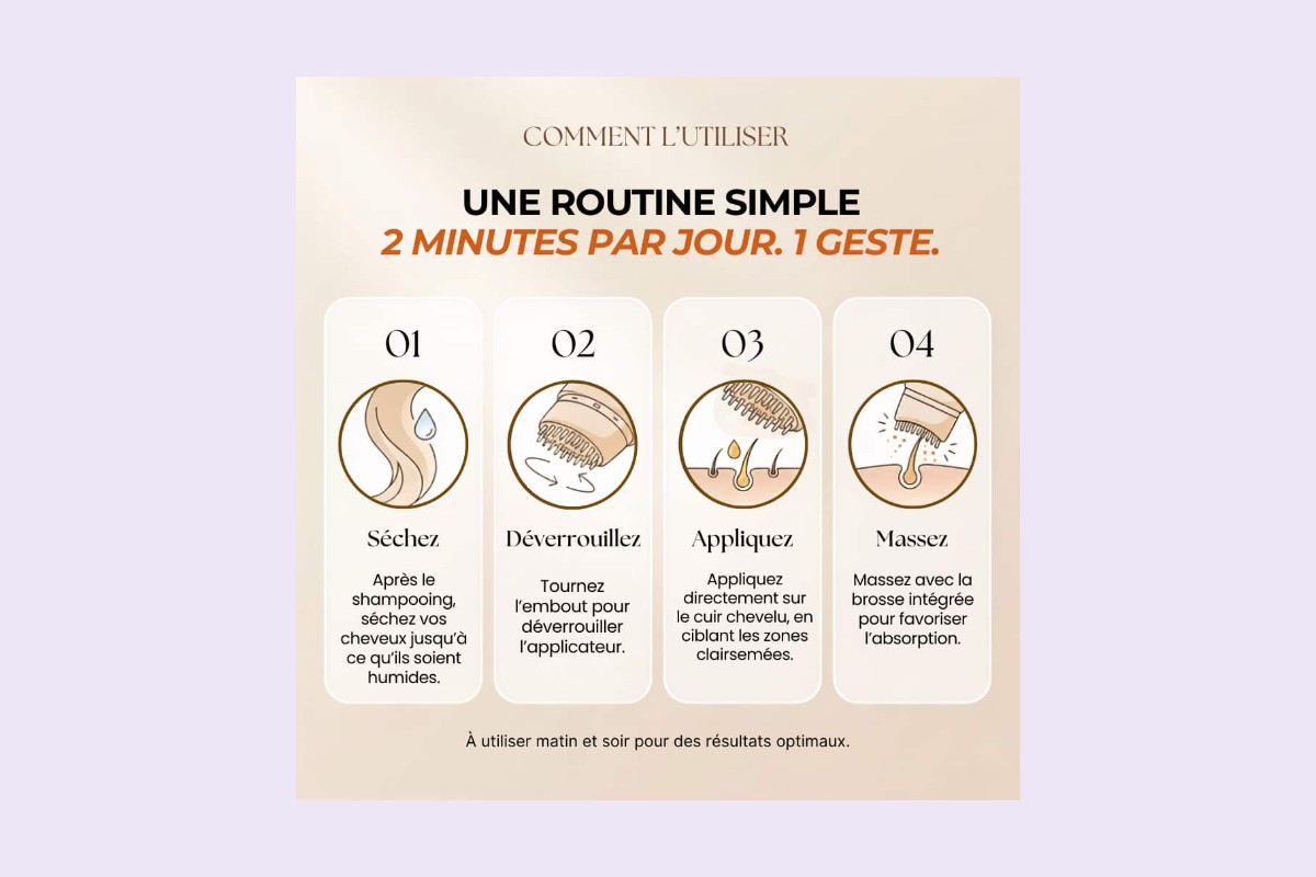 Les quatre étapes d application du sérum Flova sur le cuir chevelu