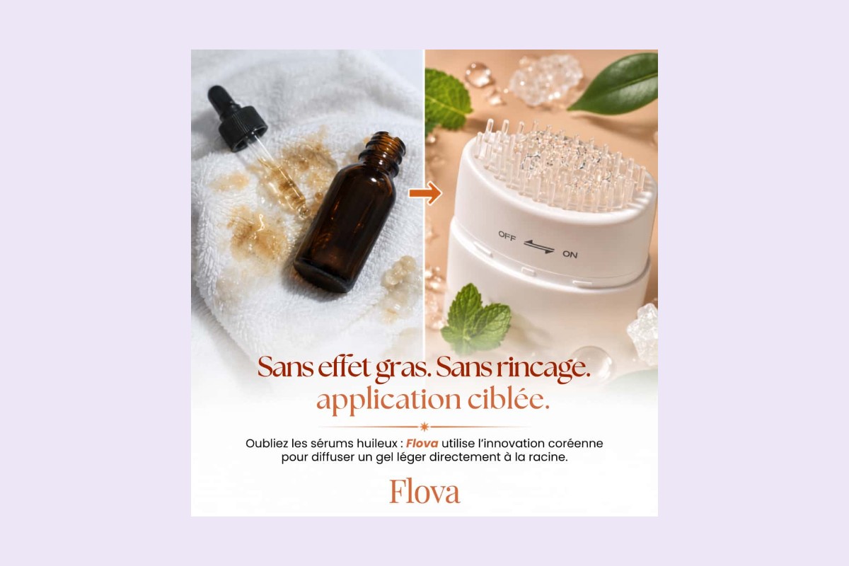 Visuel Flova comparant un sérum huileux à pipette et le gel Flova à brosse intégrée